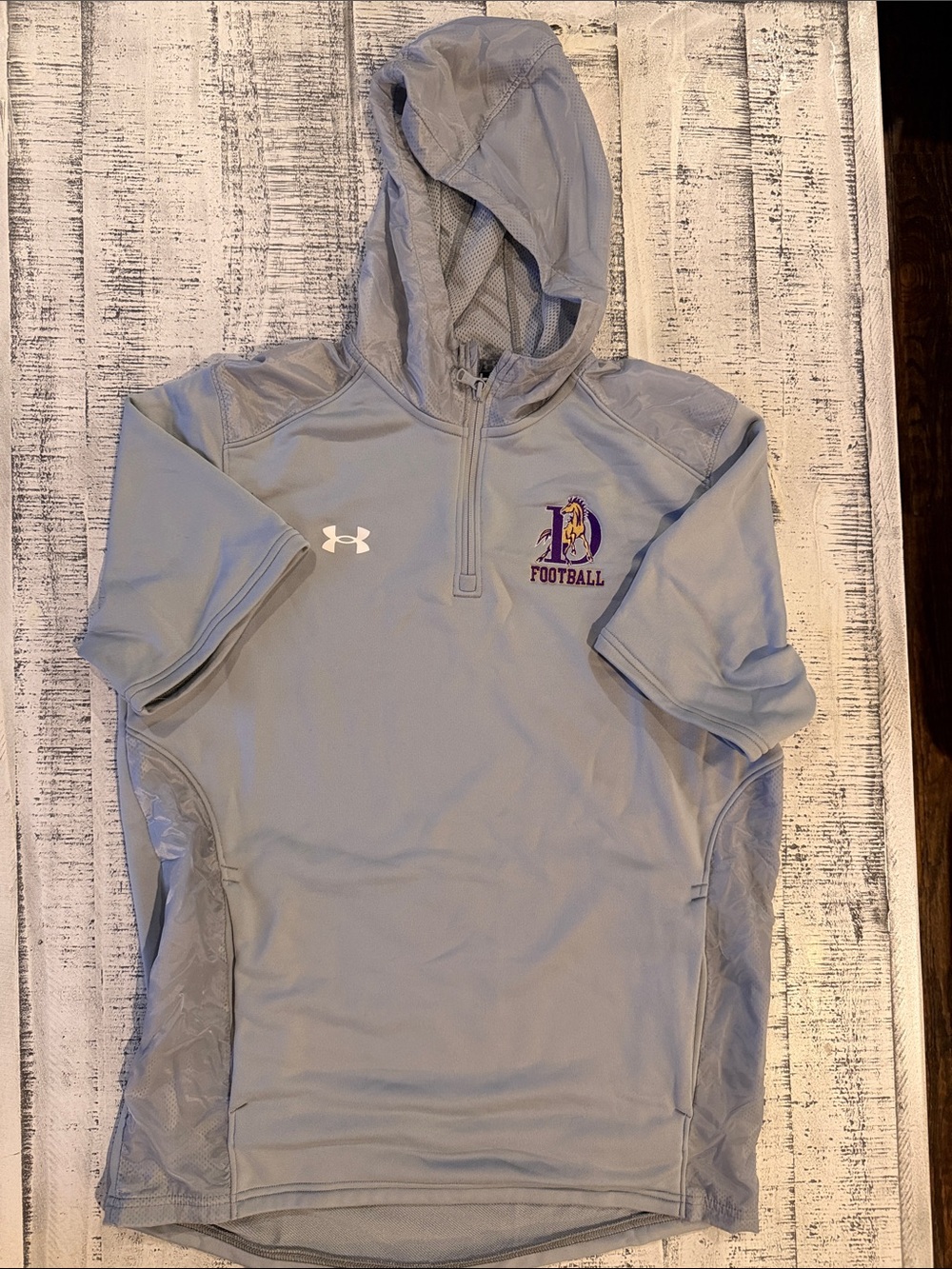 Under Armour Light Gray Hooded Football Pullover with Purple & Gold Logo